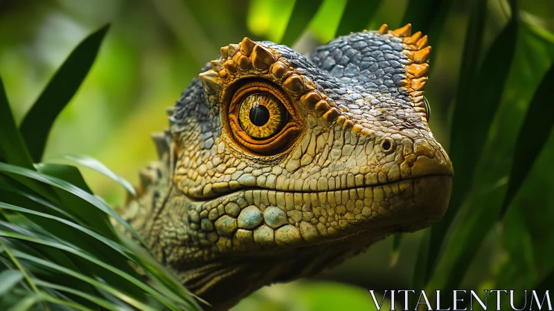 Curious jungle reptile gazes calmly through lush green leaves
