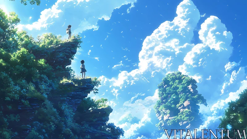 Two figures stand on rocky cliffs beneath dense cumulus clouds