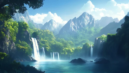 Sunlit waterfalls pouring into a tranquil emerald valley.