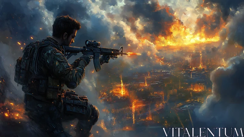 Soldier aims rifle over burning futuristic city at dusk.