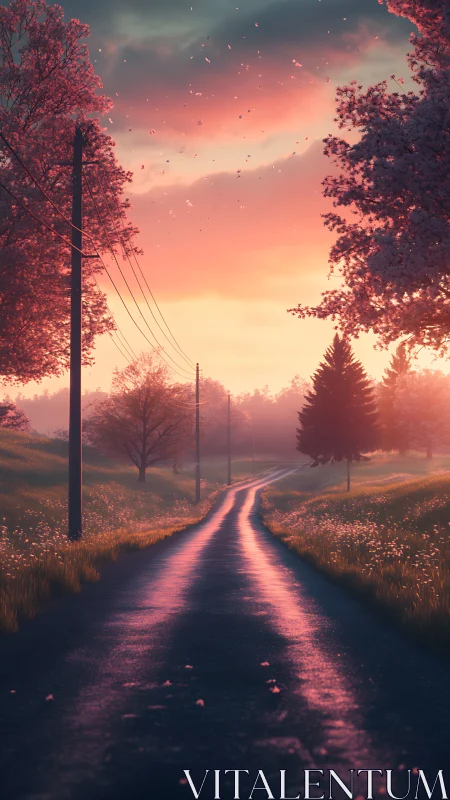 Rural road at sunset with pink sky and glowing trees.