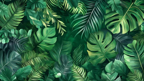 Layered tropical foliage pattern in dense green tones.