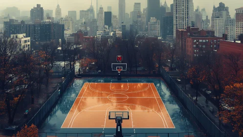 Photorealistic wet court with urban skyline depth of field.