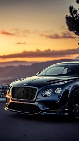 Luxury black grand tourer glows against vibrant sunset sky.