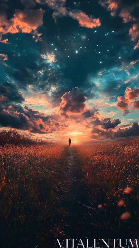 Solitary figure on sunset path under glowing cloud sky.