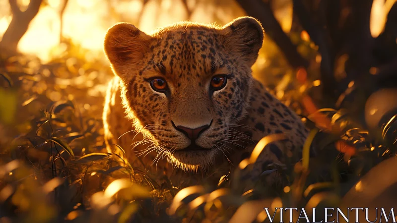Golden hour leopard cub poised in ember-lit undergrowth.