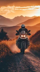 Adventure motorcycle climbs dusty trail at golden sunset.