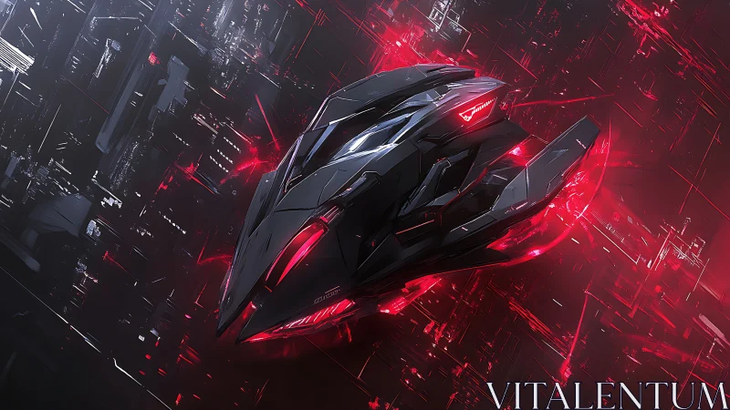 Stealth interceptor starship in red holographic data grid