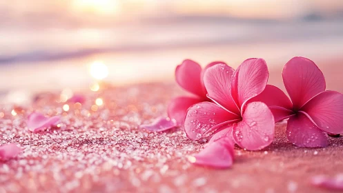 Pink Plumeria Petals on Glittering Sand Beach at Sunset.