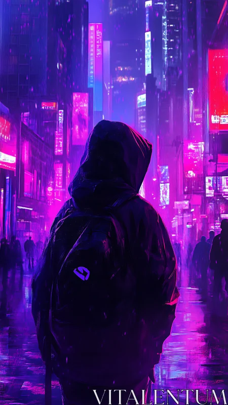 Hooded wanderer walks neon city street under purple rain.