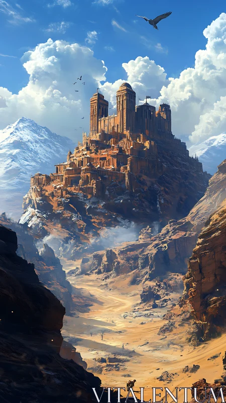 Stratified desert citadel under alpine cumulonimbus sky.