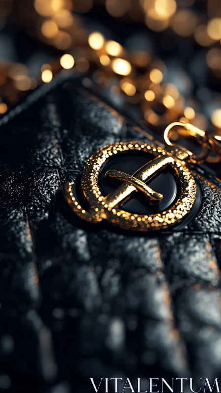 Gold monogram clasp on black leather luxury handbag.