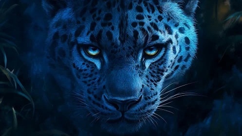 Blue leopard portrait with golden luminescent eyes.