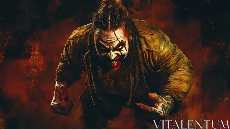 Aggressive clown figure crouches in low-key, high-contrast lighting