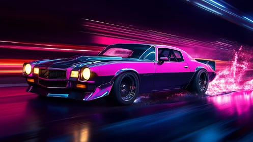 Neon muscle car racing through vibrant cyber tunnel.