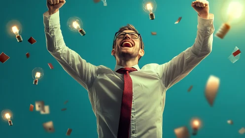 Digital painting of elated professional amid glowing ideas.