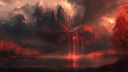 Volcanic Lava Cascade Through Mountain Valley with Incandescent Waterfall Effect
