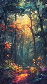 Enchanted Forest Path with Golden Light and Autumn Blooms