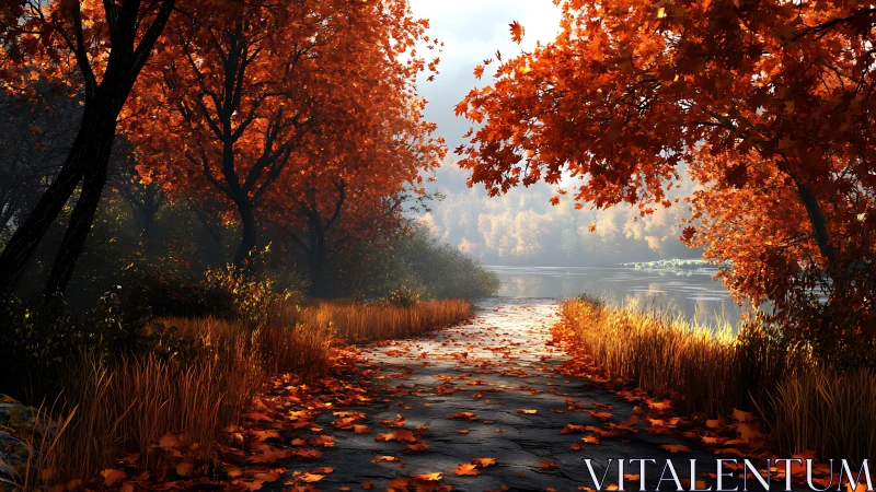 Amber leaflit lane drifting toward a hush of silver water.