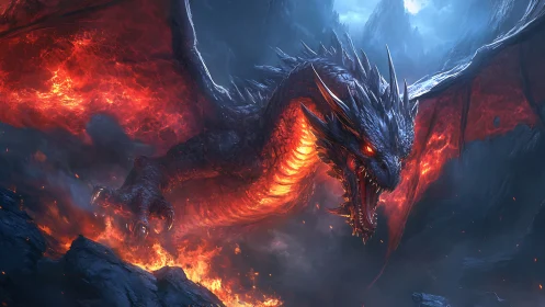Fiery red dragon roaring over molten volcanic landscape.