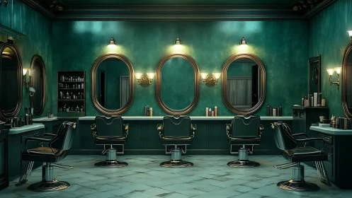 Emerald barbershop reverie with glowing mirrors and chrome chairs.