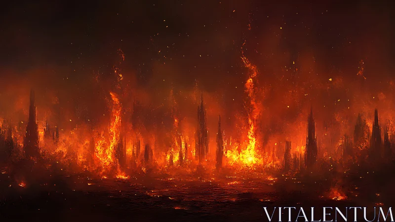 Inferno cityscape engulfed by towering flames and chaos