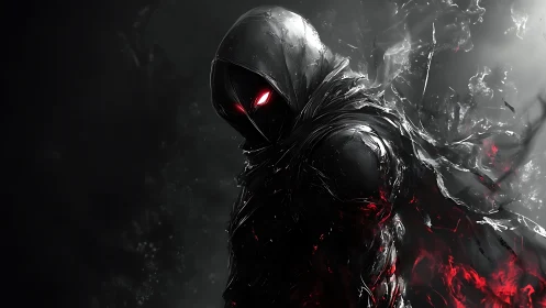 Shadow-cloaked specter with glowing red gaze emerges.