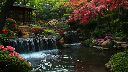 Tiered koi pond waterfall frames structured Japanese garden pavilion