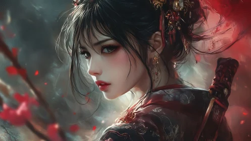 Warrior maiden gazes back amid swirling crimson petals.