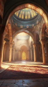 Sunlit domed hall with stained-glass drum and patterned prayer rug