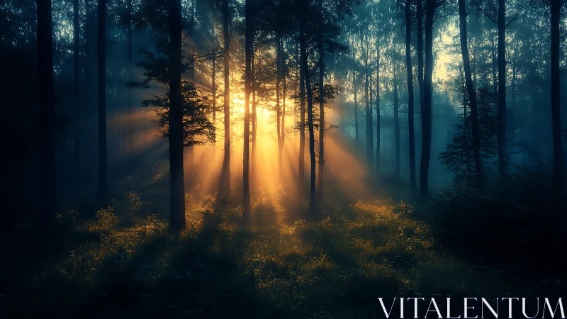 Golden Sunrise Breaking Through the Misty Forest.