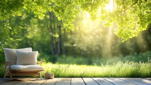 Cozy garden lounge chair rests beneath glowing green canopy.