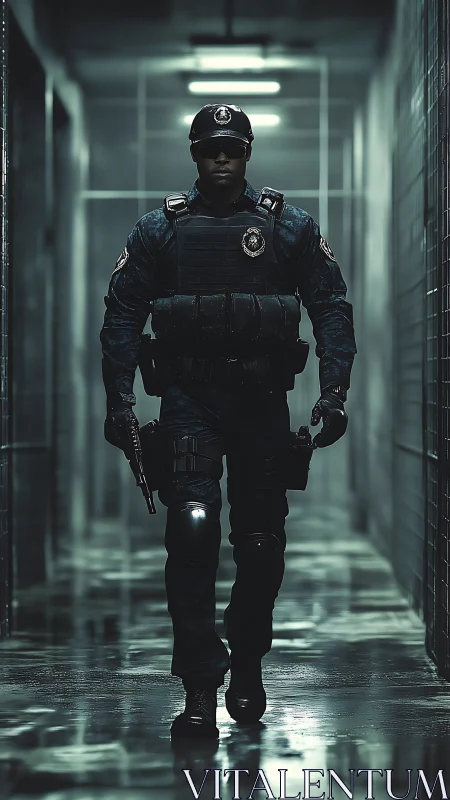 Calm security officer strides down a dim, rainlit corridor