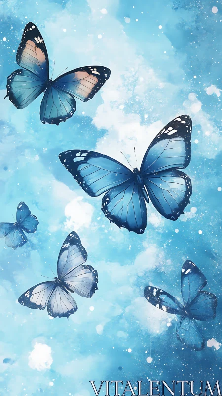 Blue butterflies drift across airy watercolor sky field