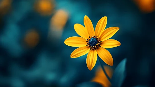 Yellow Flower with Dark Center Against Blurred Teal Background