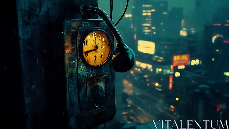 Rusty retro phone glows over neon rain cityscape at night.