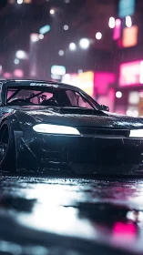 Neon rain racer prowls slick streets under electric haze.