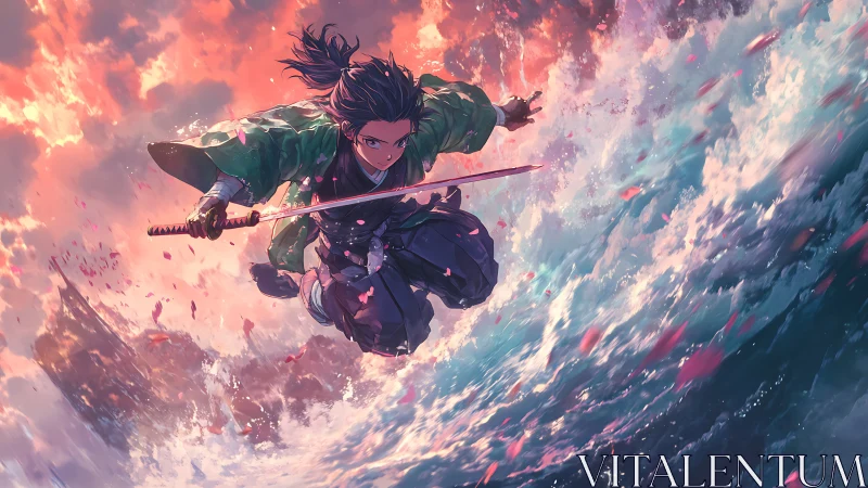 Sword wielding anime fighter over stormy ocean sky.