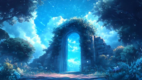 Ruined stone archway frames illuminated sky in dense forest