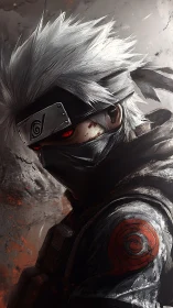 Mysterious masked warrior with silver hair and crimson gaze.