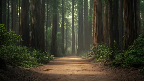 Ancient redwood forest pathway bathed in ethereal light.