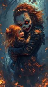 Horror clown embraces innocent girl in burning forest storm.
