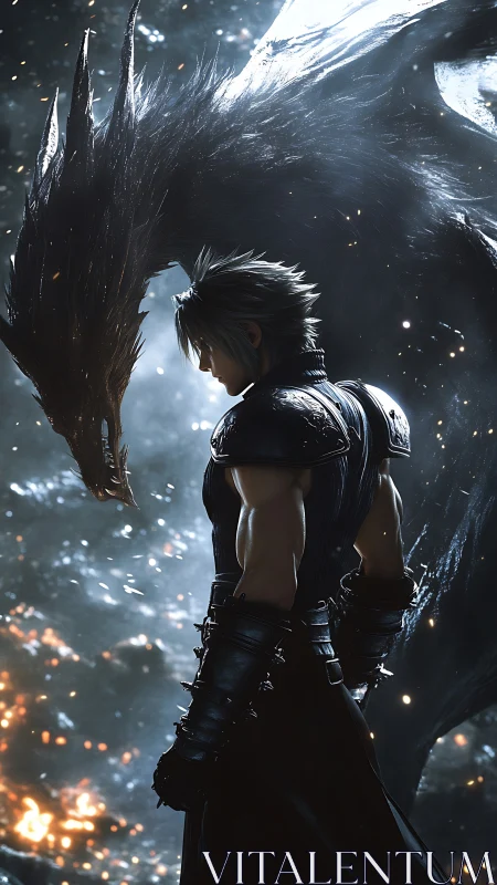 Warrior in black armor standing before shadow dragon.