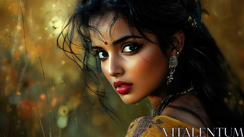 Gazing portrait captures luminous beauty in golden bokeh dusk