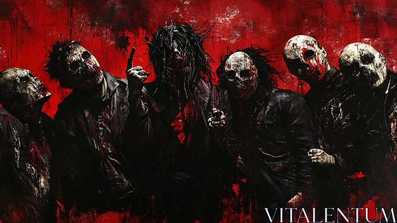 Blood-soaked masked horde leans into a howling red storm