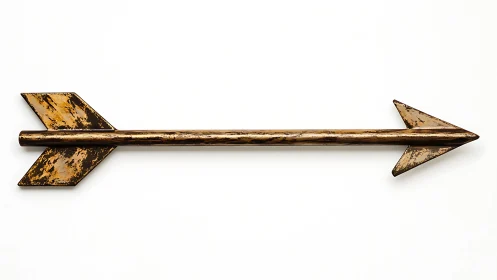Rustic metallic arrow object on plain white background.