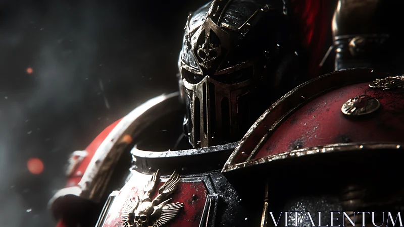 Armored war knight in crimson plate under cinematic light