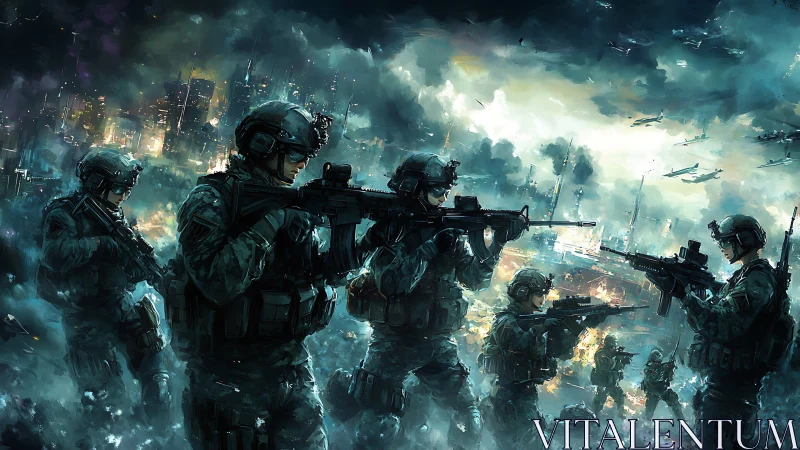 Stormfront fireteam advances through neon-scorched war zone.