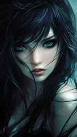 Digital portrait of woman with teal eyes and dark hair.
