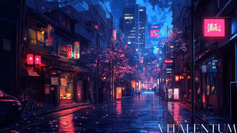 Neon-lit rain alleyway with sakura and midtown skyline contrast.